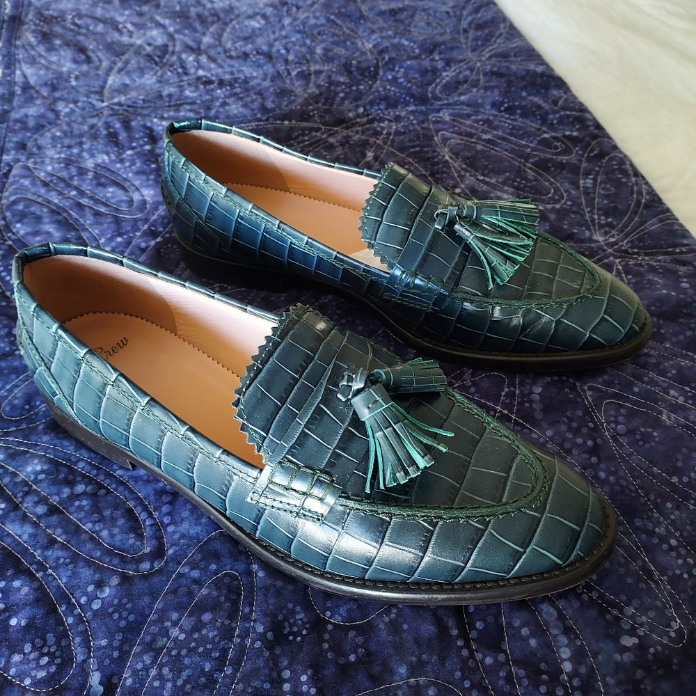 J. Crew Womens Green Croc-embossed Leather Tassel Loafers, Size 8